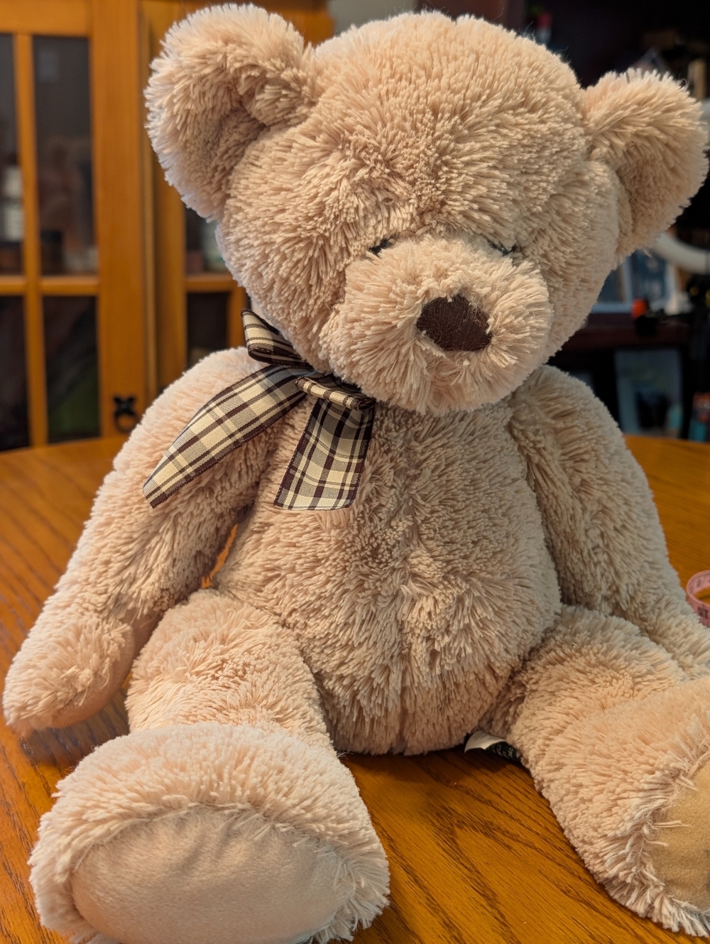 Russ Berrie Plush Light Brown Teddy Bear with Plaid/Gold Bow. 16"